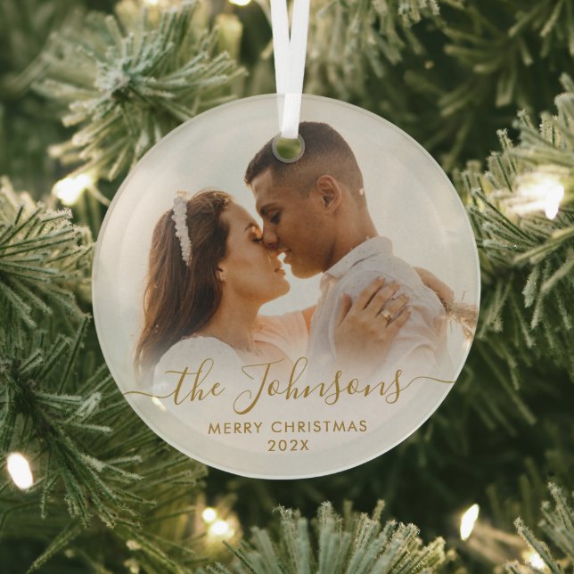 Elegant Gold Script Couple Photo Merry Christmas  Glass Tree Decoration (Insitu)