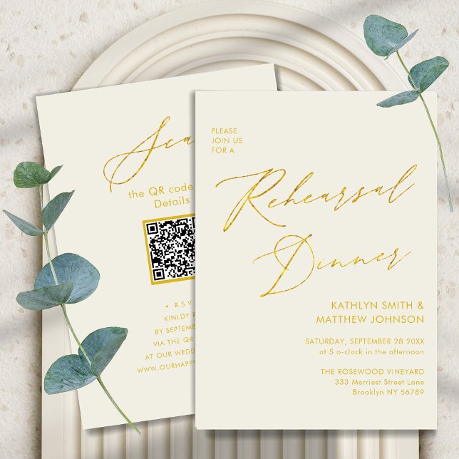 Elegant Gold Script Cream Rehearsal Dinner QR code Invitation (Creator Uploaded)