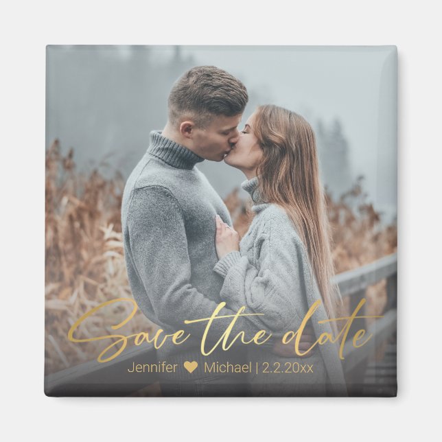 Elegant Gold Script Custom Photo Save the Date Magnet (Front)