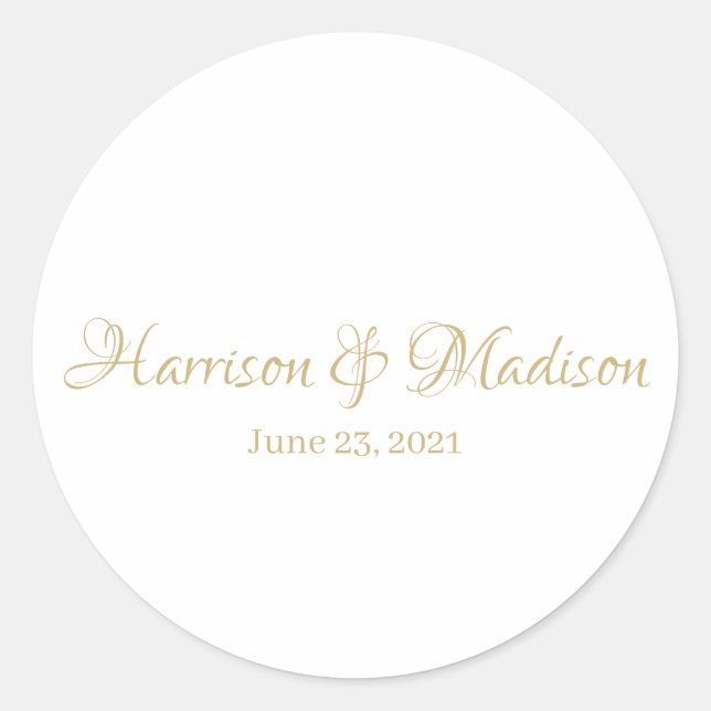 Elegant gold script custom Wedding favours Classic Round Sticker (Front)