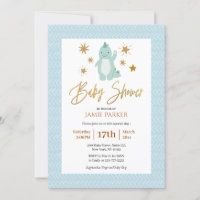 Elegant Gold Script Cute Blue Dinosaur Baby Shower