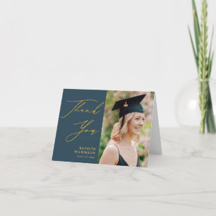 Elegant Gold Script Dusty Blue Simple Graduation Thank You Card