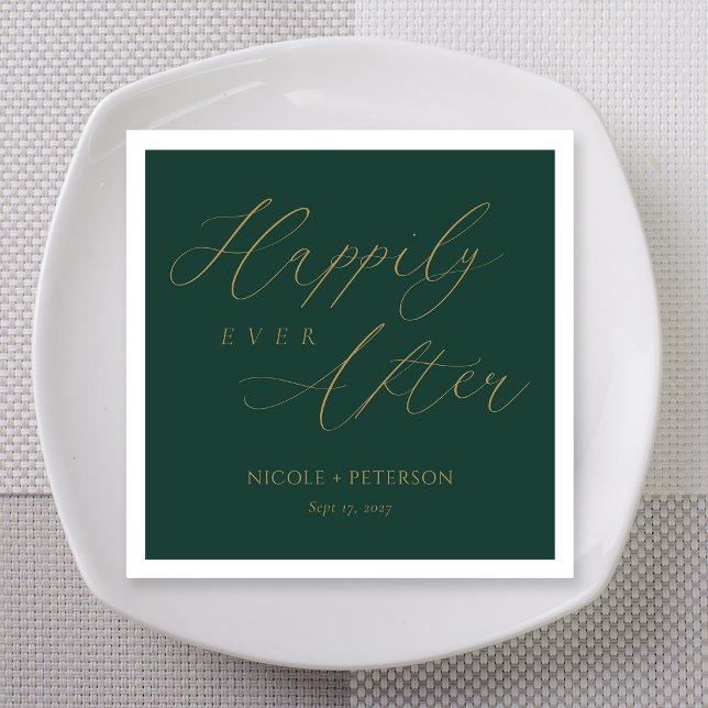 Elegant Gold Script Emerald Green Wedding Napkin (Emerald green napkin, "Happily Ever After" in gold flourish calligraphy, personalized names)