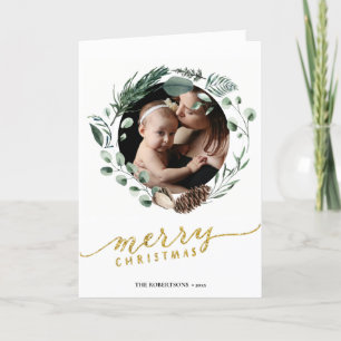 Elegant Gold Script Eucalyptus Foliage Greenery Holiday Card