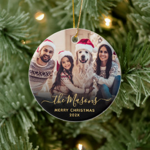 Elegant Gold Script Family Photo Merry Christmas   Ceramic Tree Decoration