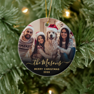 Elegant Gold Script Family Photo Merry Christmas   Ceramic Tree Decoration