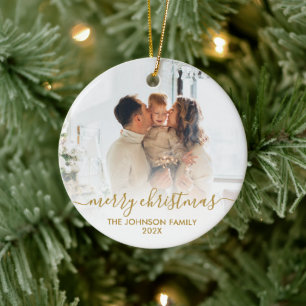 Elegant Gold Script Family Photo Merry Christmas Ceramic Tree Decoration