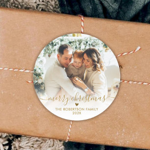Elegant Gold Script Family Photo Merry Christmas Classic Round Sticker