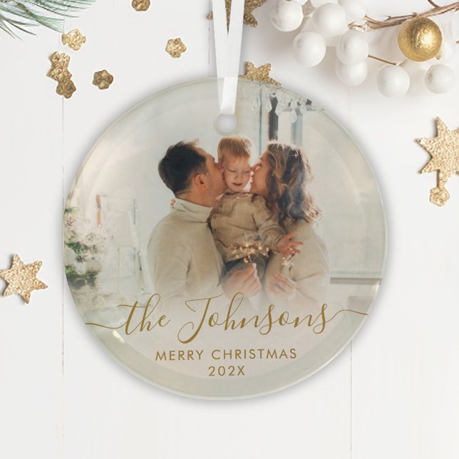Elegant Gold Script Family Photo Merry Christmas   Glass Tree Decoration (Creator Uploaded)