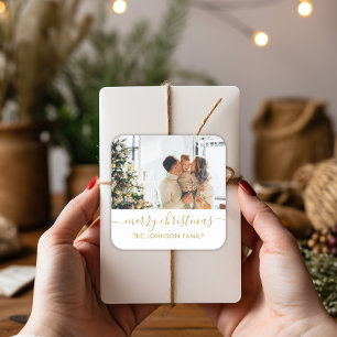 Elegant Gold Script Family Photo Merry Christmas Square Sticker