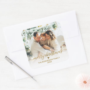 Elegant Gold Script Family Photo Merry Christmas Square Sticker