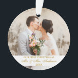 Elegant Gold Script First Christmas 2 Photo Ornament<br><div class="desc">Elegant Gold Script First Christmas Wedding Photo Ornament with Photo on front and back</div>