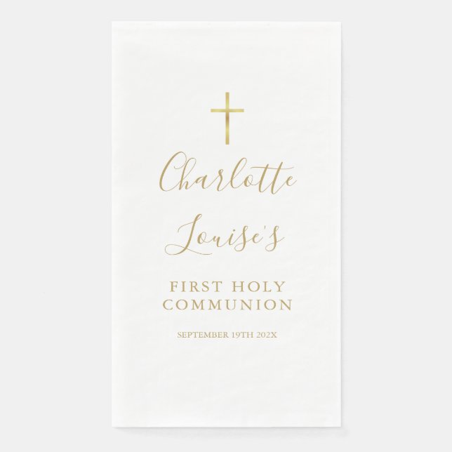Elegant Gold Script First Holy Communion Napkin (Front)