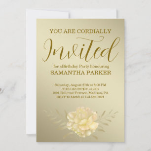 Elegant Gold Script Floral Birthday Invitation