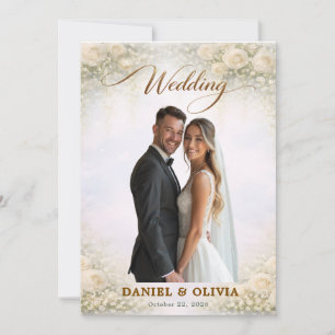 Elegant Gold Script Floral Photo Overlay Design Invitation