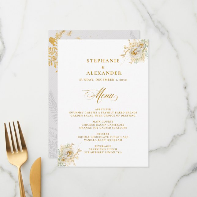 Elegant Gold Script Floral Wedding Menu (Front/Back In Situ)