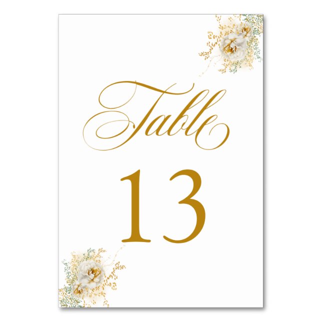 Elegant Gold Script Floral Wedding Table Number 13 (Front)