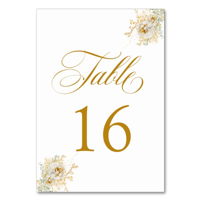 Elegant Gold Script Floral Wedding Table Number 16 (Front)