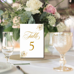 Elegant Gold Script Floral Wedding Table Number 5