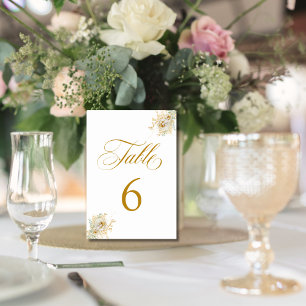Elegant Gold Script Floral Wedding Table Number 6