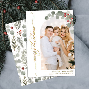 Elegant Gold Script Foliage Photo Arch Christmas  Holiday Card