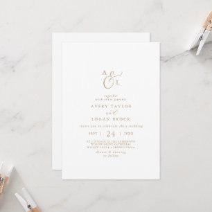 Elegant Gold Script Front & Back Monogram Wedding Invitation