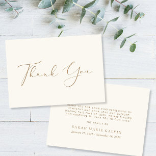 Elegant Gold Script Funeral Memorial Cream Thank You Card