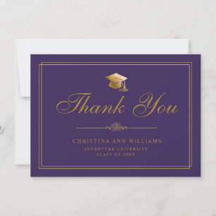 Elegant Gold Script Grad Cap Purple Graduation Thank You Card