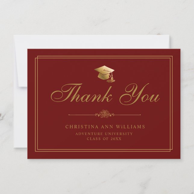 Elegant Gold Script Grad Cap Red Graduation Thank You Card (Front)