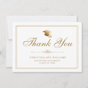 Elegant Gold Script Grad Cap White Graduation Thank You Card