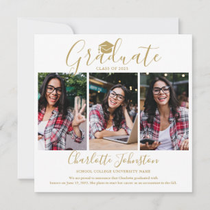 Elegant Gold Script Graduate 4 Photo Graduation  Announcement