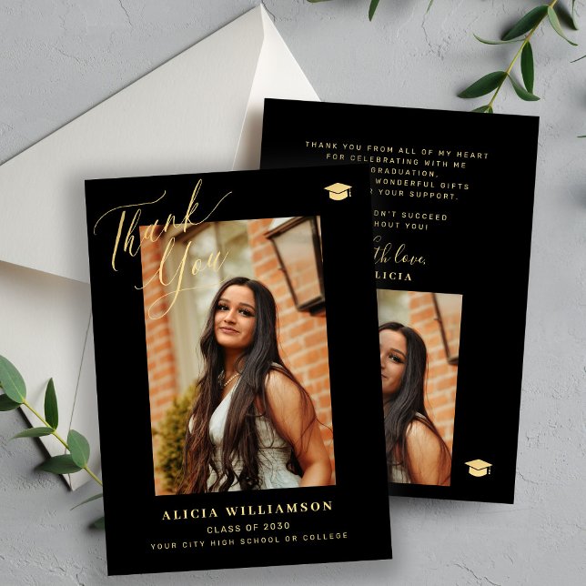 Elegant gold script graduate photo graduation thank you card (Creator Uploaded)