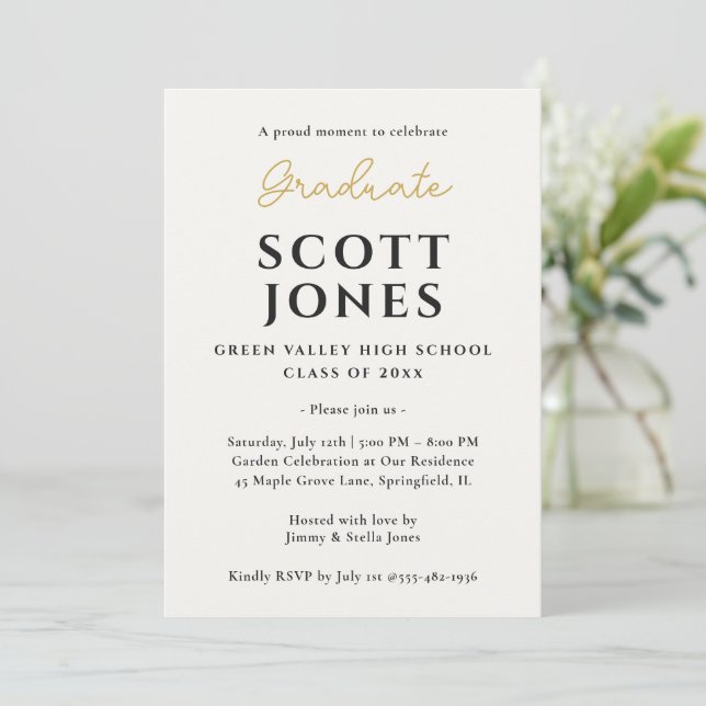Elegant Gold Script Graduation Announcement (Standing Front)