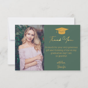 elegant gold script graduation photo green thank you card
