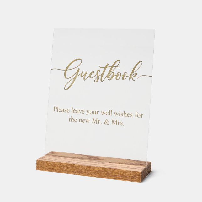 Elegant Gold Script Guestbook Acrylic Wedding Sign (Angle)