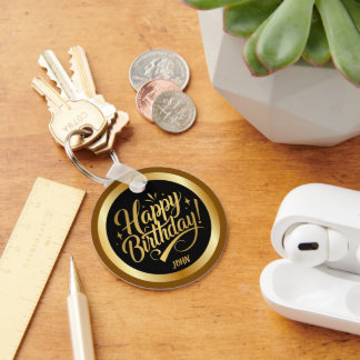 Elegant Gold Script Happy Birthday Black Key Ring