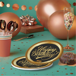 Elegant Gold Script Happy Birthday Black Paper Plate