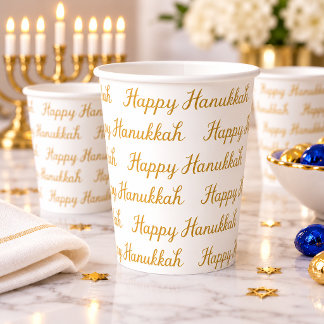 Elegant Gold Script Happy Hanukkah Paper Cups