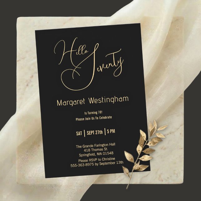 Elegant Gold Script "Hello Seventy" 70th Birthday Invitation (Creator Uploaded)