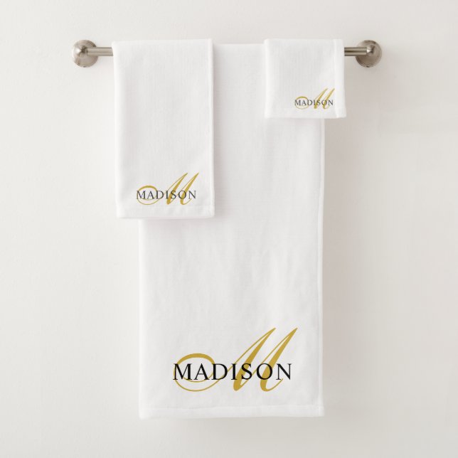 Elegant Gold Script Initial Name Monogram White Bath Towel Set (Insitu)