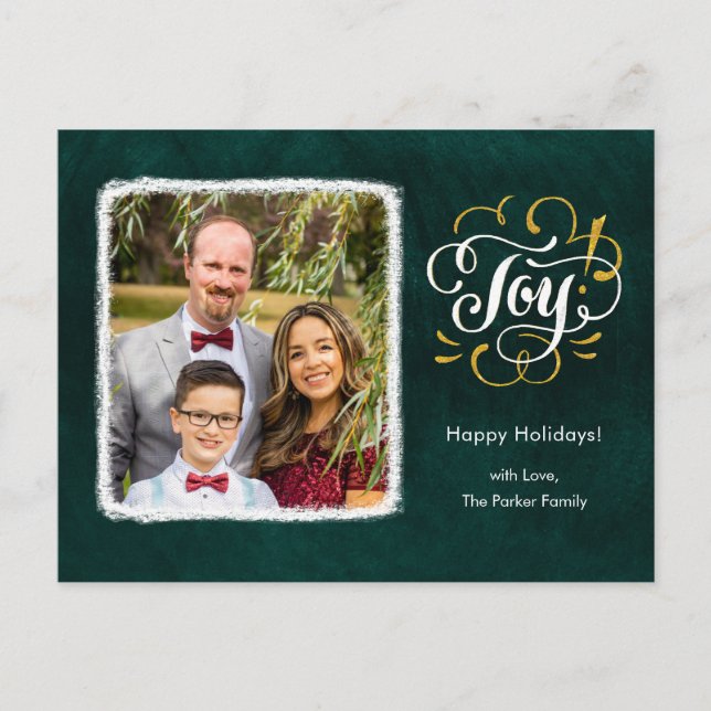 Elegant Gold Script JOY Green Christmas Photo   Holiday Postcard (Front)