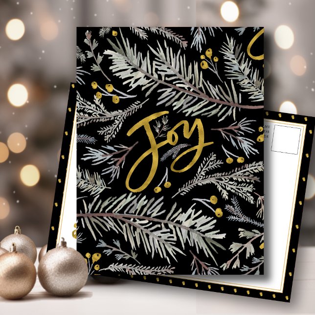 Elegant Gold Script JOY Pine Bough Berry Christmas Holiday Postcard (Creator Uploaded)