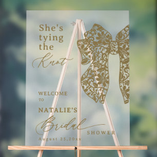 Elegant Gold Script Lace Bow She's Tying The Knot Acrylic Sign