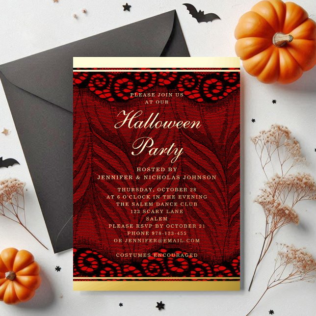 Elegant Gold Script Lace Halloween (Elegant Gold Script Lace Halloween Foil Invitation)