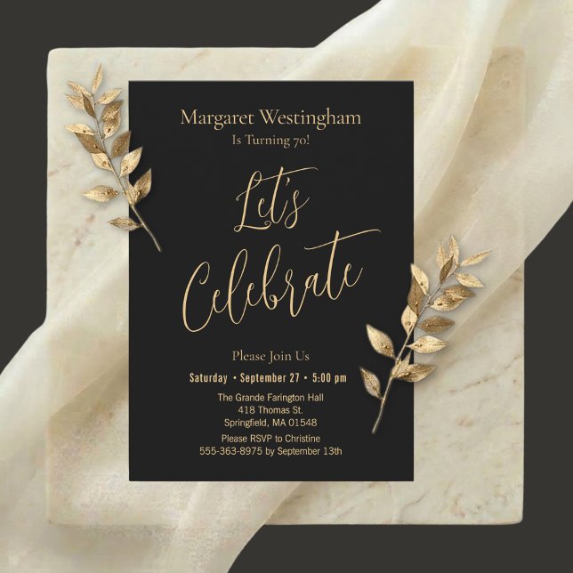 Elegant Gold Script Let's Celebrate 70th Birthday Invitation (Creator Uploaded)