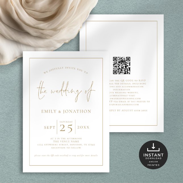 Elegant Gold Script Line Border QR Code Wedding Invitation (front and back view)