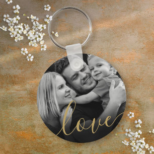 Elegant Gold Script Love Black and White Photo Key Ring