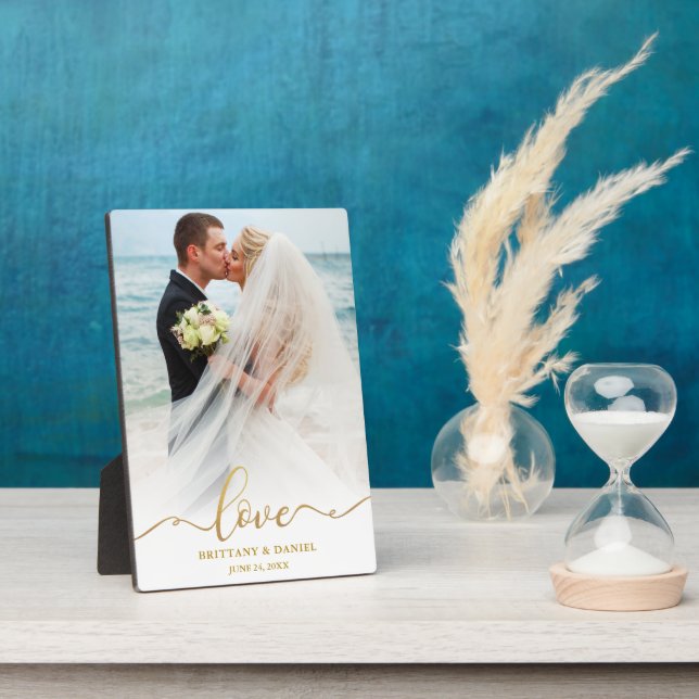 Elegant Gold Script Love Wedding Photo Plaque (Side)