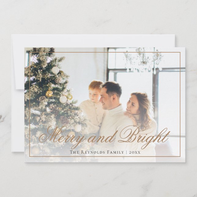 Elegant Gold Script Merry and Bright Photo  Holiday Card (Front)