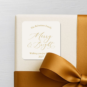 Elegant Gold Script “Merry & Bright” Christmas Square Sticker